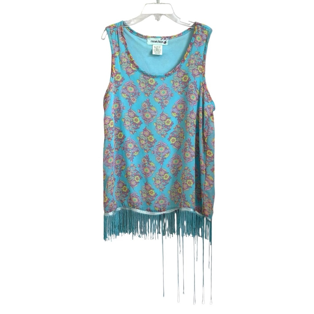 Mia Chica Big Girl’s Floral Sleeveless Top with
Fringe Hem size M Blue